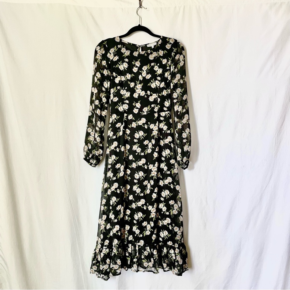 Emory Park NWT Dark Ditsy Floral Long Balloon Puff Sleeve Midi Dress